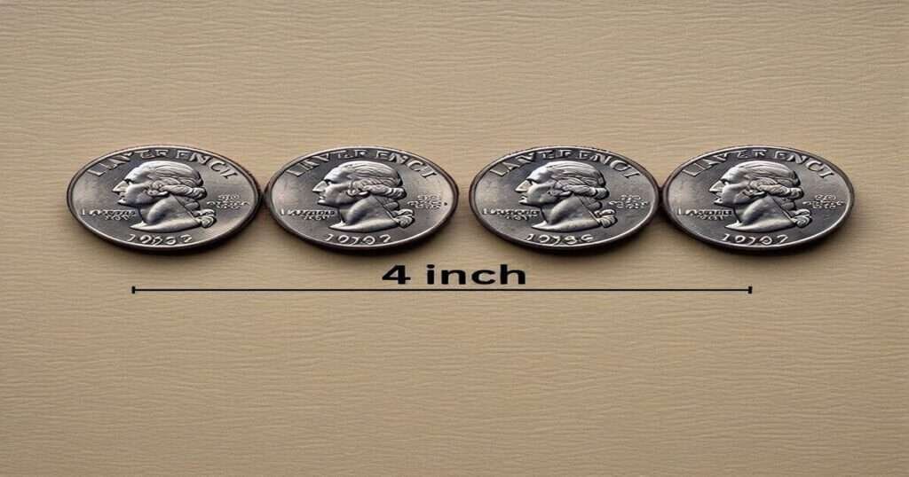 Four US quarters in a row, dated 1962, 1982, 1992, and 1992, span 4 inches on a beige background.