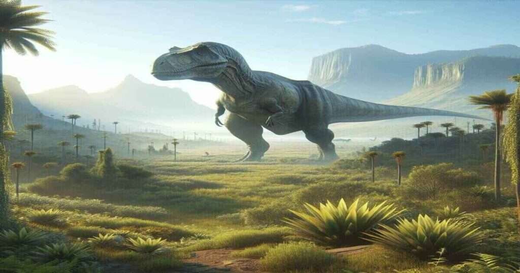 ,40 meters long dinosaur, roams a prehistoric landscape with lush greenery and distant mountains.