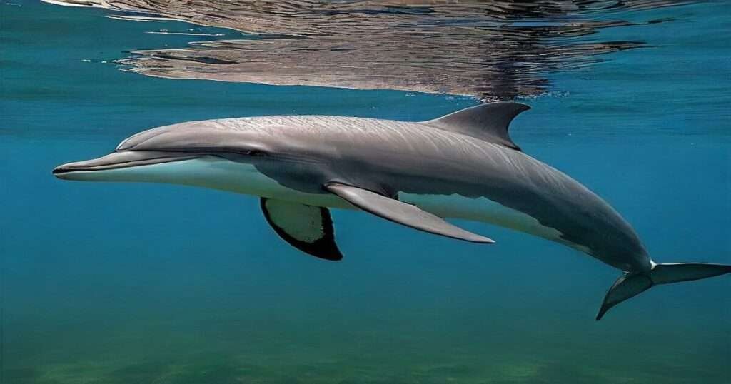 A dolphin and other marine animals that reach, 20 feet in length, swimming in the ocean.