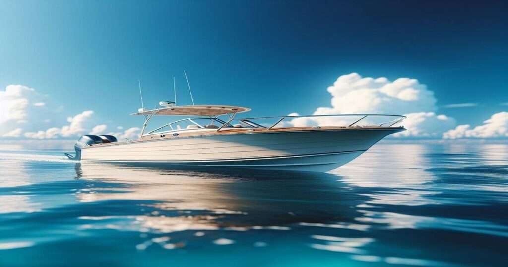 A sleek white motorboat, measuring 20 feet, glides on calm blue waters under a clear sky with fluffy clouds.